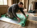 Man rullar ut grön ångspärr över isoleringsskivor för att isolera betonggolv.