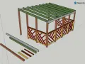 En 3D-modell av en altan med trästolpar, takbjälkar och dekorativa räcken. Bredvid altanen ligger byggdelar som ska användas för att rita altan i SketchUp.