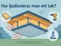 Illustration visar hur man ljudisolerar tak mellan våningar med isolering, skruvdragare och fästen.
