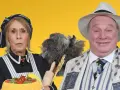 En kvinna i städkläder med en tårta och en man i hatt och kostym, som om de vore karaktärer från en lusthus ritning.