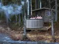 Fyra vänner njuter av en badtunna vid en sjö. Röken stiger från skorstenen, en mysig stund att bygga badtunna för.