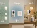 Z-Wave-teknik visar ett smart lås och en termostat. Zigbee visar lampor och brytare. Wi-Fi visar en kamera och högtalare.