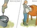 En person blandar betong i en hink med en blandare. En annan person lägger material i en betongblandare för att blanda större mängder.
