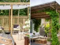 Två mysiga uteplatser med pergola inspiration. En med vit markis och ljusslinga, den andra med klätterväxter och bambuskärm.