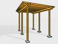 Enkel pergola ritning i gult och svart, med skuggor som faller på en gräsmatta.