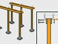 Illustration visar hur man bygger en pergola med stolpar och balkar. Detaljbild visar hur man fäster balken med bultar.