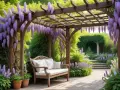 En vacker blåregn pergola med en träbänk under, omgiven av lila blommor och grönska. En idyllisk plats för avkoppling.