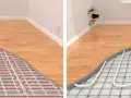 Två sidor av ett trägolv visar hur ett varmt golv installeras. Till vänster syns ett elektriskt värmesystem, till höger rör för vattenburen golvvärme.