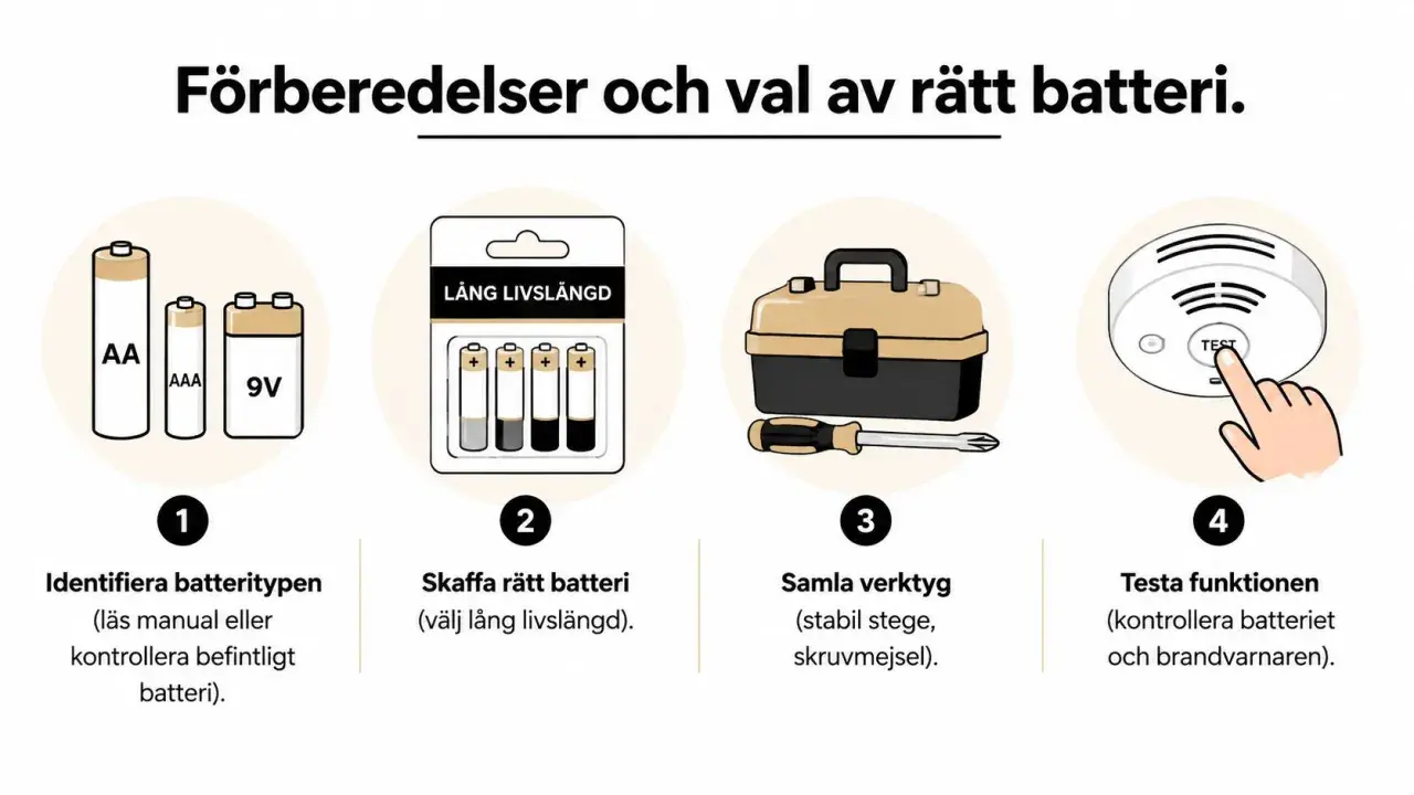 Bilden visar hur man förbereder och väljer rätt batteri. En brandvarnare piper trots nytt batteri? Följ stegen för att testa funktionen.