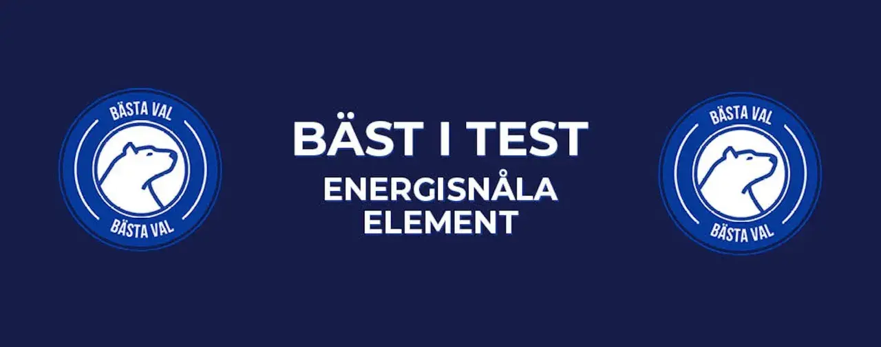 Bästa i test: energisnåla element. Logotyp med en isbjörn och texten "Bästa Val" omger texten "Bäst i test energisnåla element".