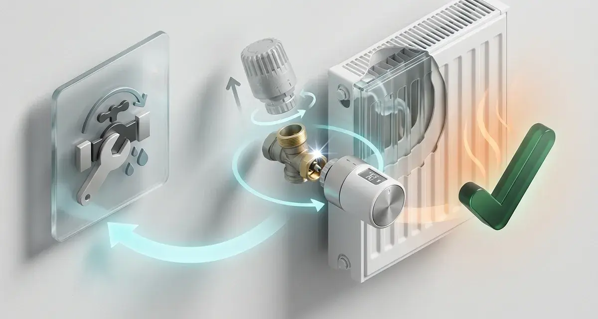 Steg-för-steg-guide för att byta radiator termostat. Stäng av vattnet, byt termostat, klart på 30 min!