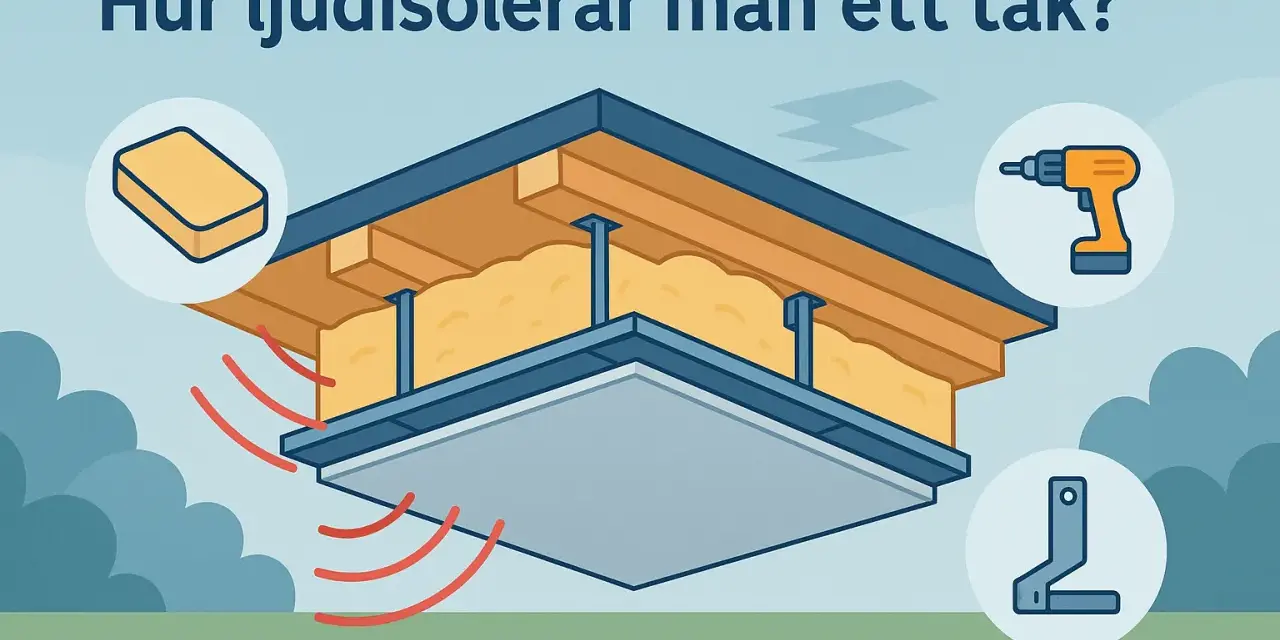 Illustration visar hur man ljudisolerar tak mellan våningar med isolering, skruvdragare och fästen.