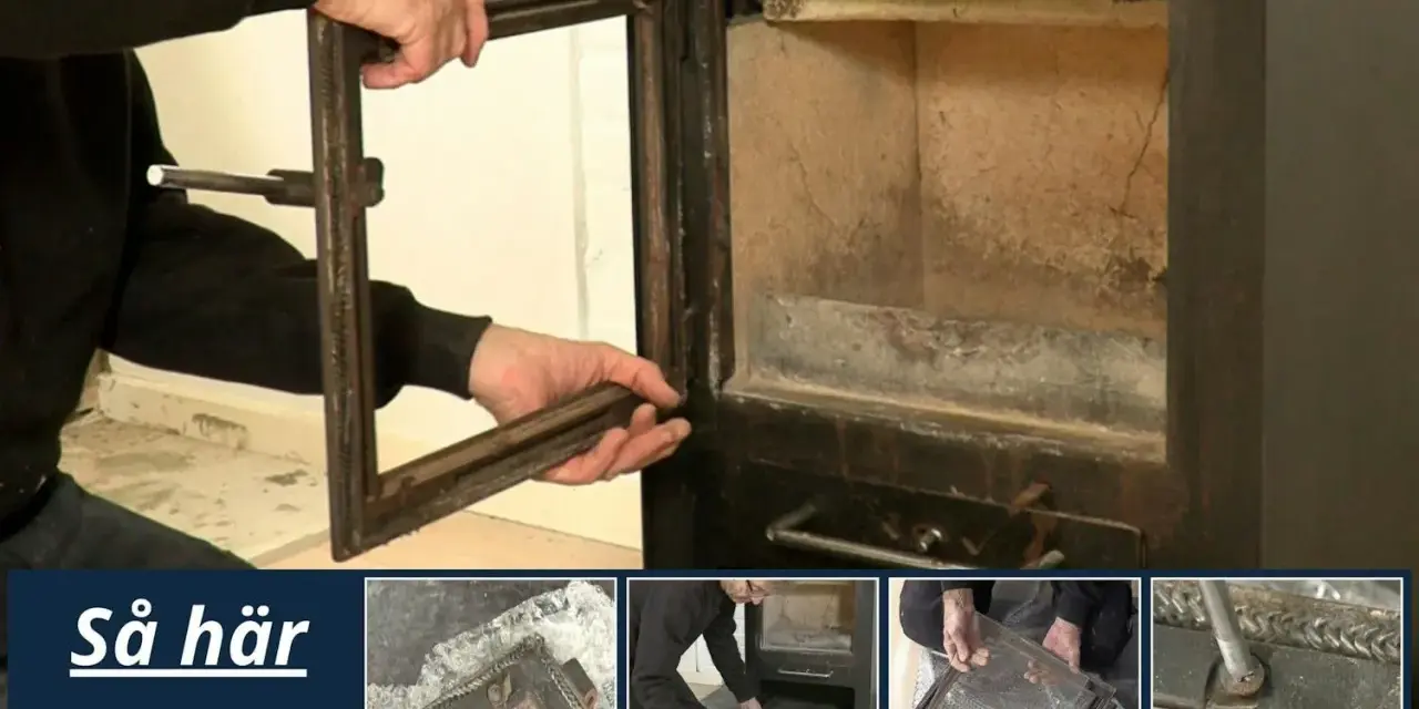 Här visas hur man byter en sprucken sten i kamin. En person tar bort luckan till kaminen där man ser den spruckna stenen inuti.