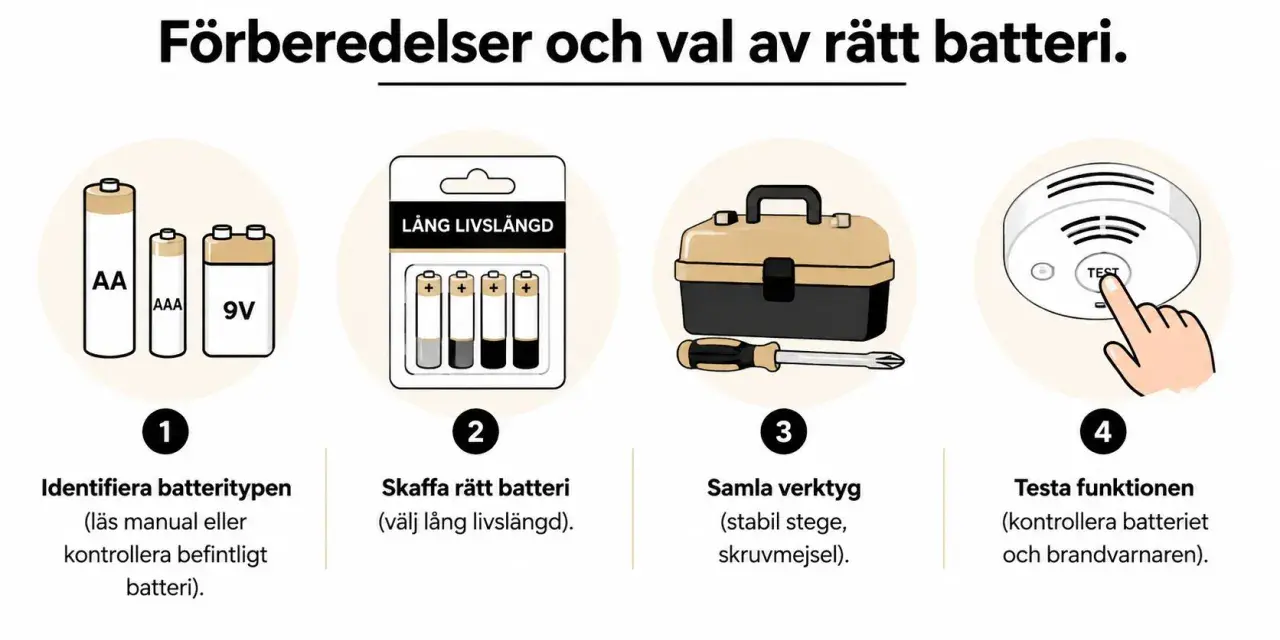 Bilden visar hur man förbereder och väljer rätt batteri. En brandvarnare piper trots nytt batteri? Följ stegen för att testa funktionen.