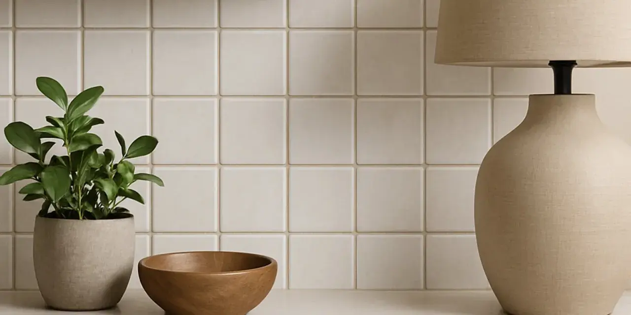 En krukväxt, en träskål och en lampa står framför en vägg med ljusa, fyrkantiga kakelplattor. En fin detalj som visar skillnad på kakel och klinker.