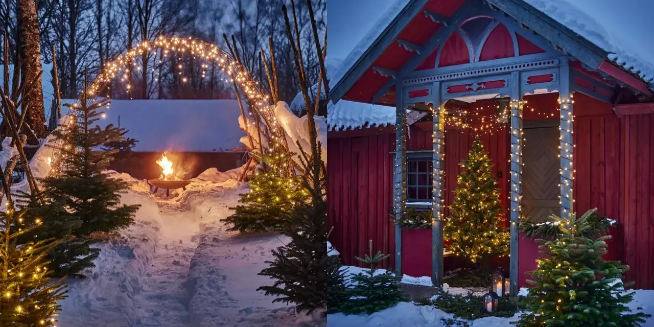Varm julbelysning utomhus inspiration: snöiga stigar leder till en mysig eldstad och ett rött hus med julgranar.