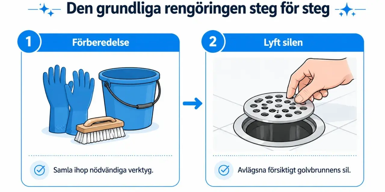 Steg 1: samla ihop handskar, hink och borste. Steg 2: lyft försiktigt golvbrunnens sil för att rensa golvbrunn.