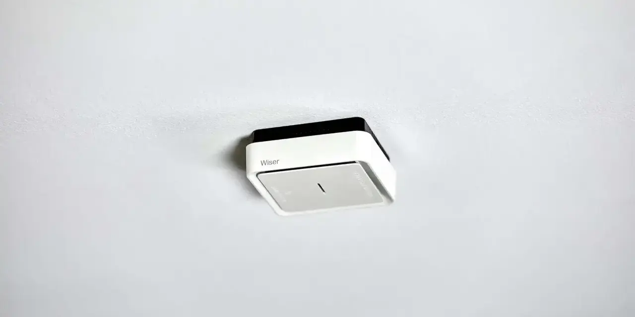 En vit och svart brandvarnare från Wiser monterad i taket. Denna brandvarnare utan batteri är redo att installeras.