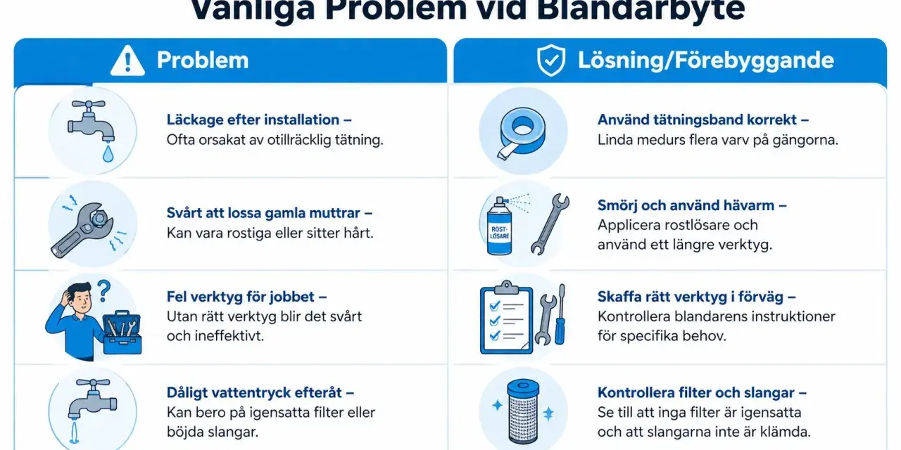 Vanliga problem vid byte av duschblandare: läckage, rostiga muttrar, fel verktyg, dåligt vattentryck. Lösningar: täta rätt, smörj, använd rätt verktyg, kontrollera filter.