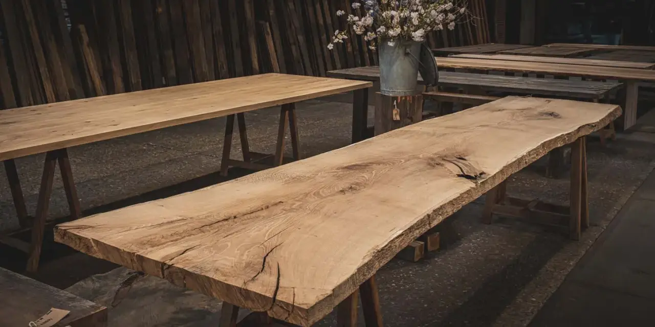 Råa ekbord med naturliga kanter, oljade och redo för utomhusbruk. En bukett blommor i en zinkhink står på ett av borden.