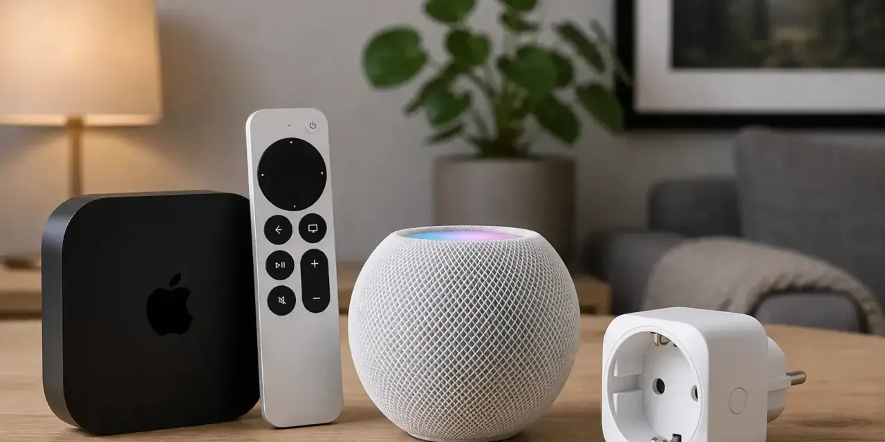Apple TV, Siri Remote, HomePod och en smart plugg för ett smart hem.