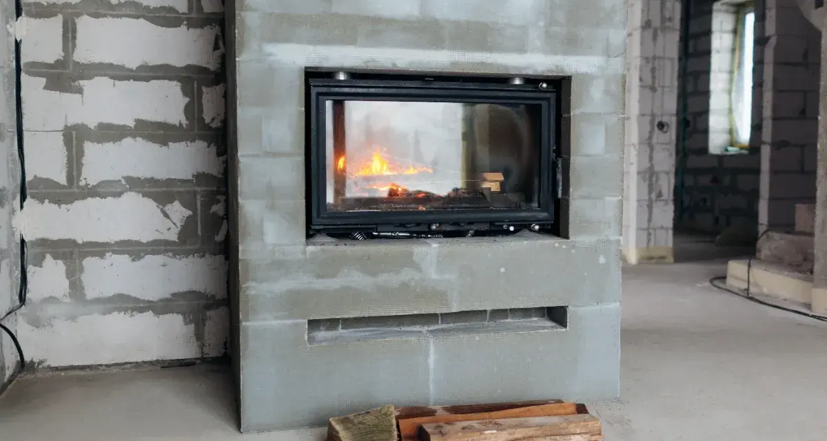 En nyinstallerad kamin med eld i. Byggarbetsplats med tegelväggar och golv.