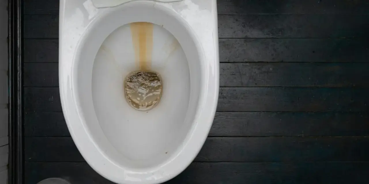 En smutsig toalett med kalkavlagringar. En pimpsten toalettborste står bredvid.