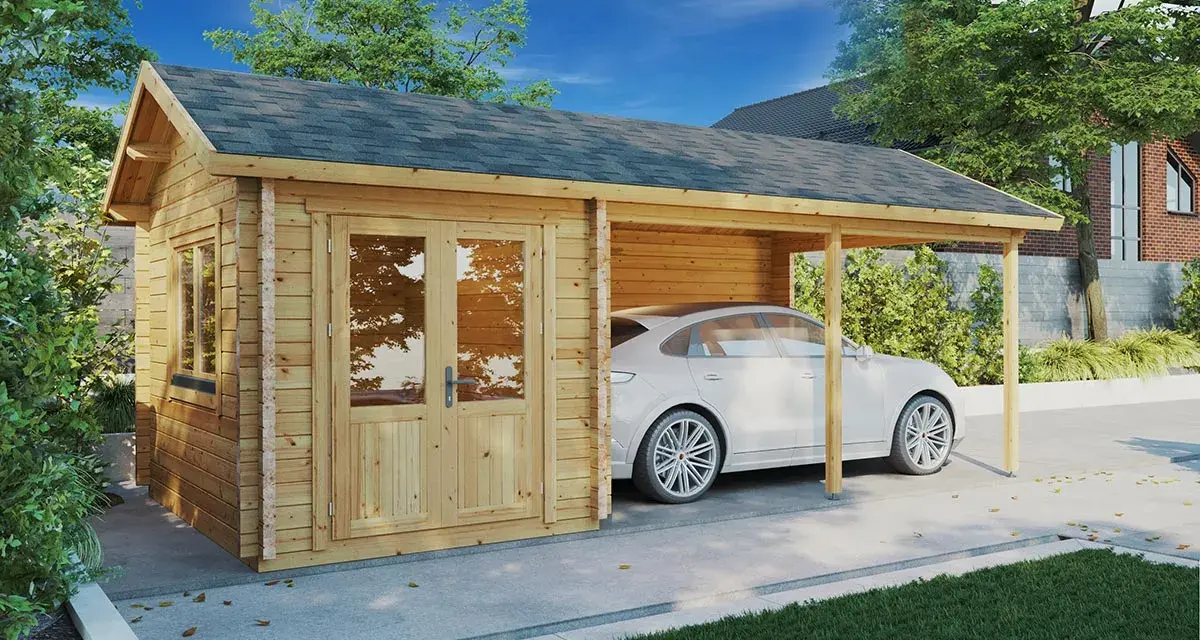 En vit bil parkerad under ett träcarport bredvid ett garage. Perfekt för att bygga garage och skydda bilen.
