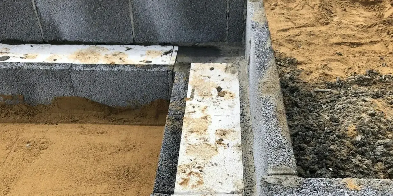 Grundläggning med lecablock, redo att putsa. Sand och grus ligger runt den påbörjade muren.