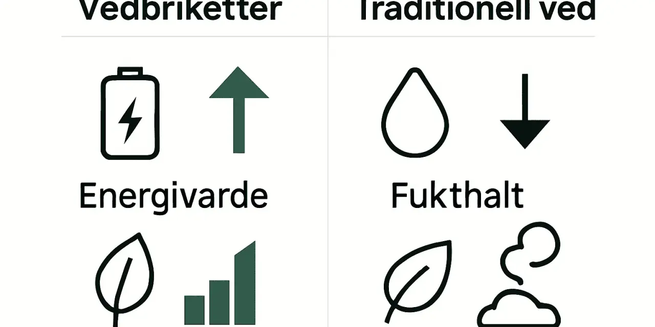 Jämförelse av vedbriketter och traditionell ved. Vedbriketter har hög energivärde, medan traditionell ved har högre fukthalt.