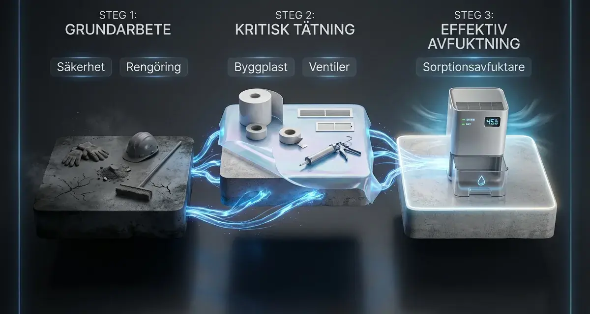 Steg för att skapa en torr krypgrund: grundarbete, tätning med byggplast och ventiler, samt effektiv avfuktning med en sorptionsavfuktare.