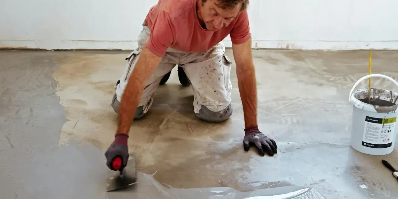 Man målar garagegolv med spackel.