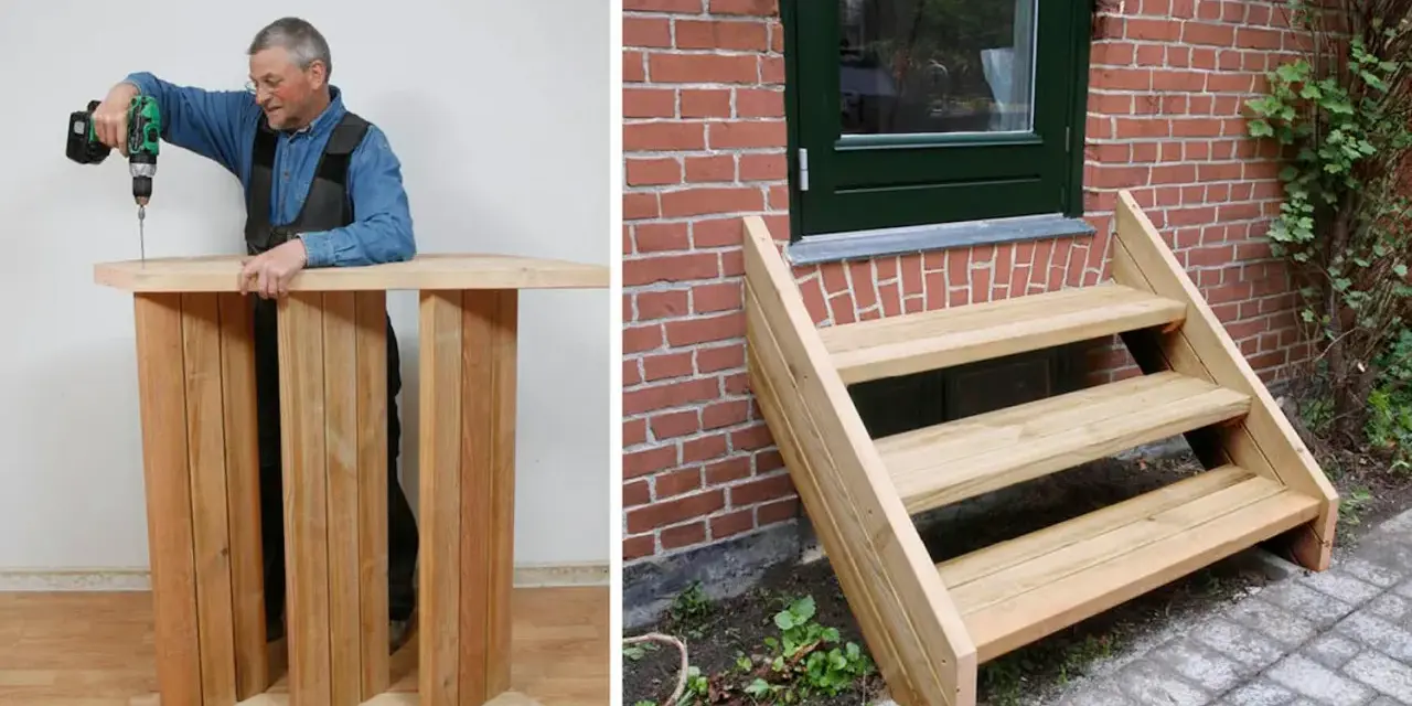 Man bygga trappa utomhus. En färdigbyggd trätrappa leder upp till en dörr.