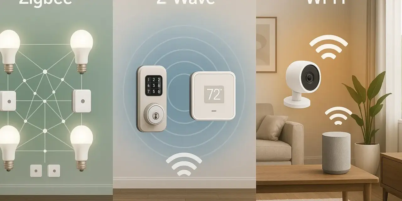 Z-Wave-teknik visar ett smart lås och en termostat. Zigbee visar lampor och brytare. Wi-Fi visar en kamera och högtalare.