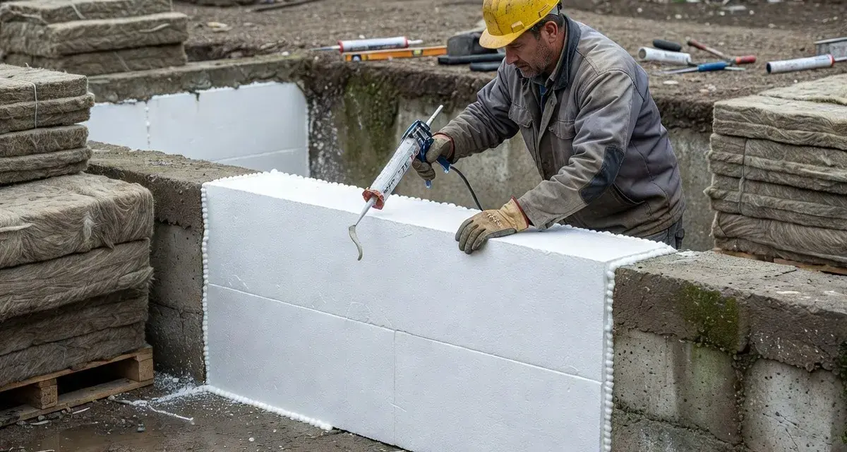 Bygger grund med isolering av cellplast. En man med gul hjälm applicerar fogskum för att fästa isoleringen.