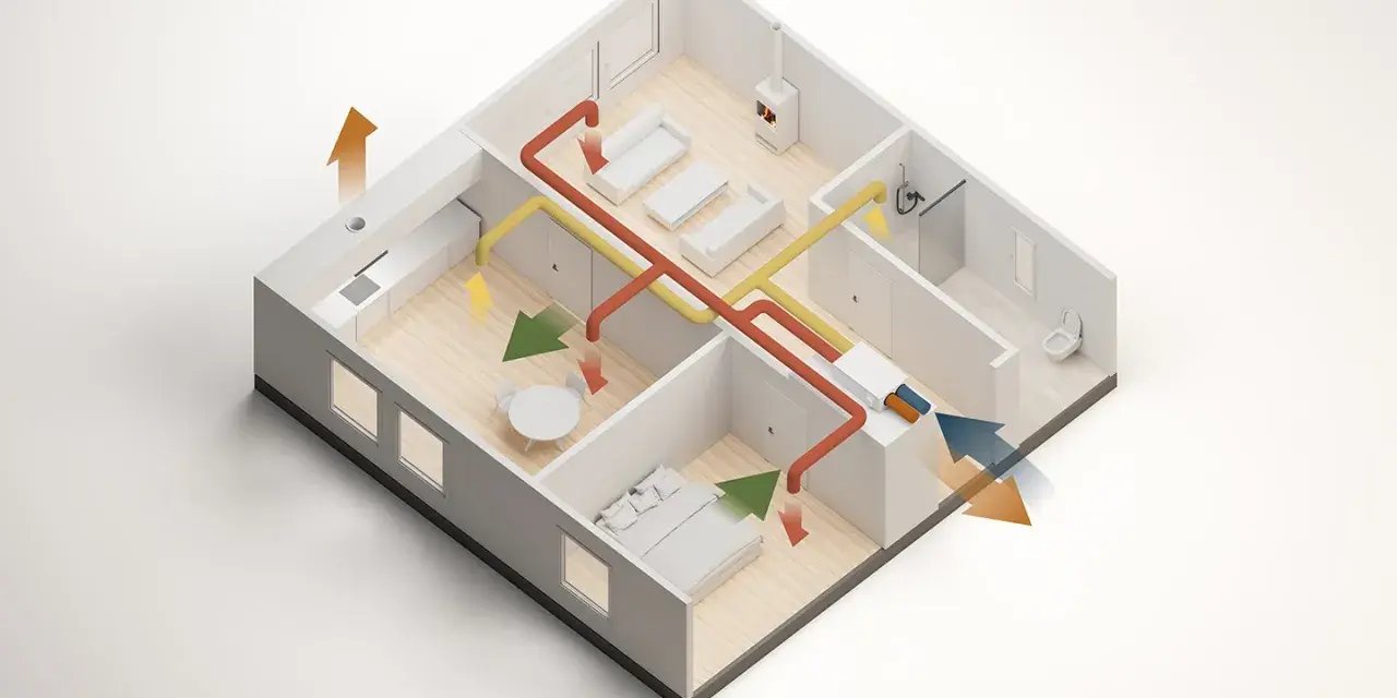 Illustration av ett hus med ventilationssystem som visar hur man kan isolera taket för att spara energi.