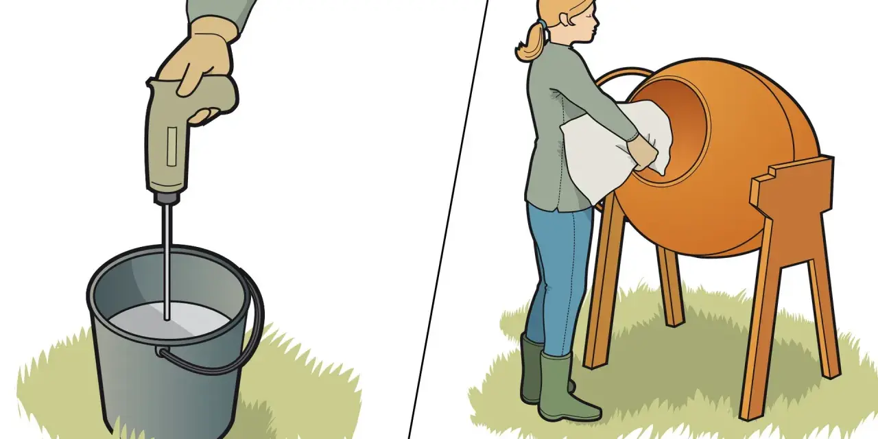 En person blandar betong i en hink med en blandare. En annan person lägger material i en betongblandare för att blanda större mängder.
