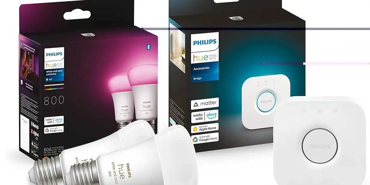 Philips Hue smart lampor och en Hue Bridge, redo för Matter. Skapa stämning med färg och vitt ljus.
