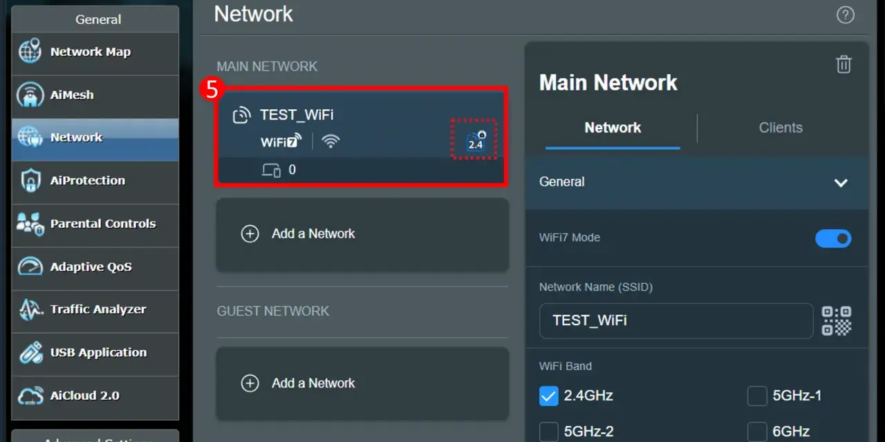 Asus router problem: TEST_WIFI-nätverket är aktivt på 2.4GHz-bandet.