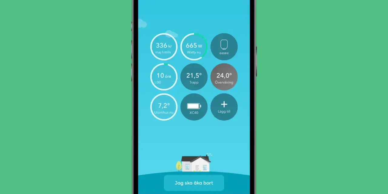 En mobilskärm visar Tibber Homey-appen med energianvändning, temperaturer och en knapp för att "Jag ska åka bort".