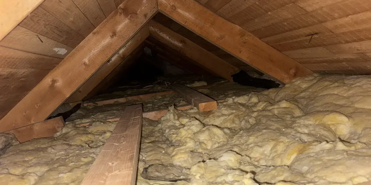 Takbjälkar och isolering i ett vindsutrymme. En del av isoleringen syns tydligt, vilket visar hur man kan isolera innertak för bättre värmeekonomi.