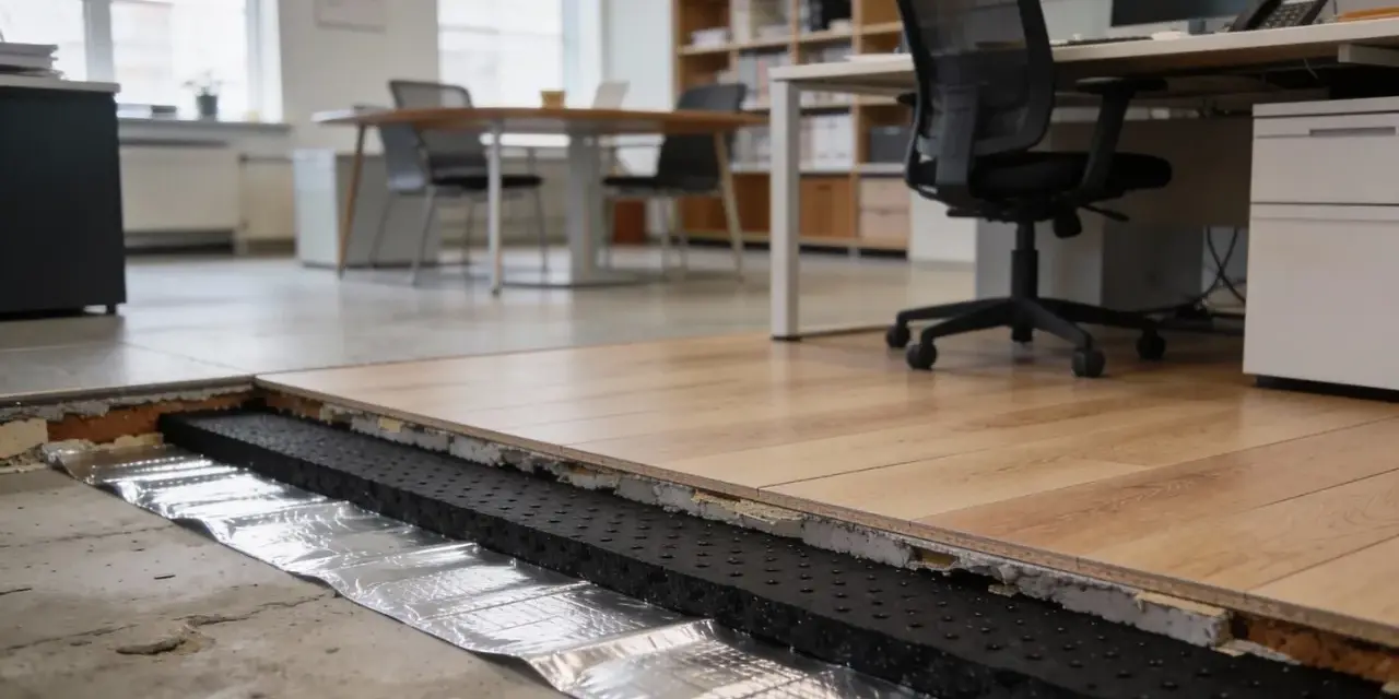 Detaljerad vy av ljudisolering golv med trägolv ovanpå. Ett kontor med möbler syns i bakgrunden.