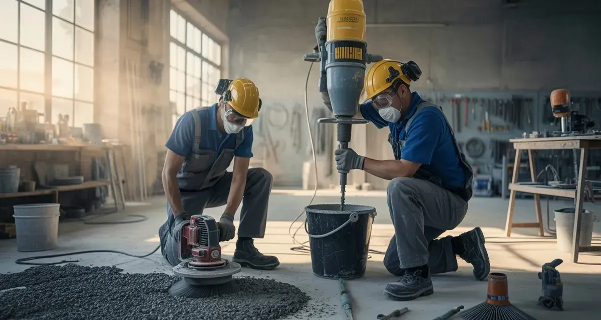 Två byggarbetare förbereder sig för att gjuta betonggolv. En blandar cement i en hink med en kraftig blandare, medan den andra förbereder ytan med en polermaskin.
