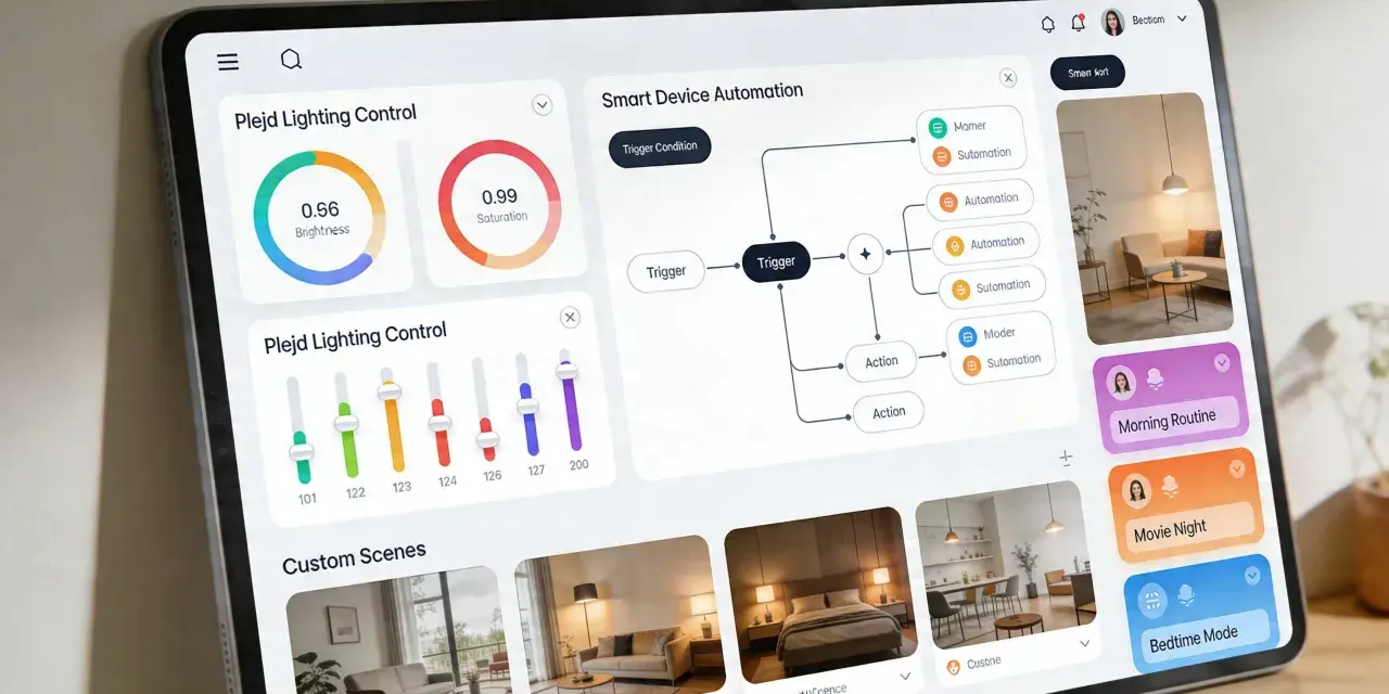 App för smart belysning visar Plejd-kontroller, automatiseringar och anpassade scener.