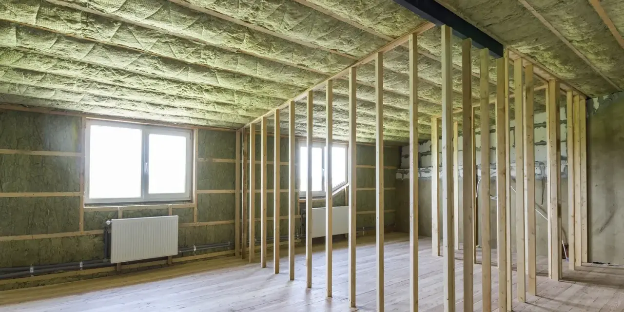 Rummet är under renovering med träreglar och ljudisolering på väggar och tak. Två fönster med vita element under.