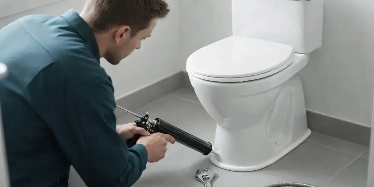 Hantverkare använder fogpistol för att limma toalettstol. Verktyg som skiftnyckel och slang ligger redo.