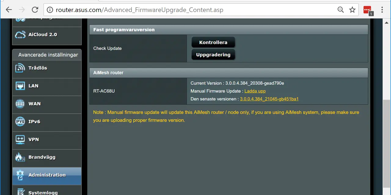 Sidan visar hur man uppdaterar Asus router RT-AC68U. Här kan du kontrollera och ladda upp ny firmware för din nätverksenhet.