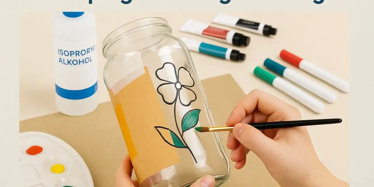 En hand målar ett blommönster på ett glas med en pensel. Färger, alkohol och andra tillbehör för att måla på glas ligger bredvid.