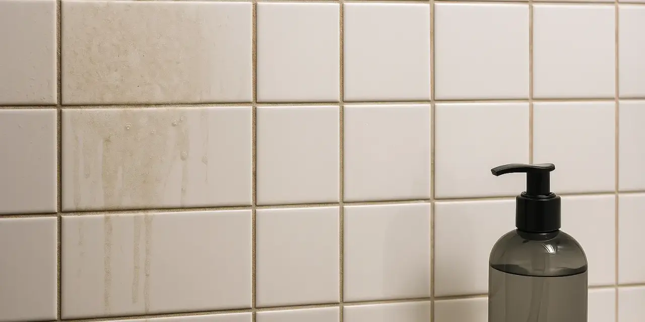 Smutsiga kakelplattor med rinnande vattenfläckar. En mörk tvålbehållare står till höger. Dags att ta bort kakel och rengöra.