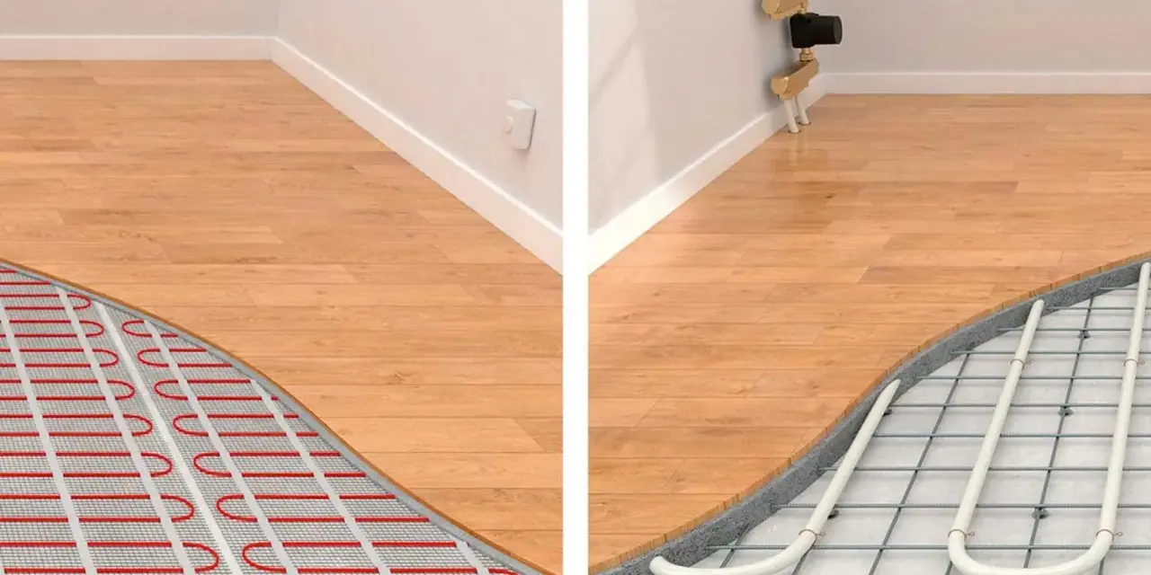 Två sidor av ett trägolv visar hur ett varmt golv installeras. Till vänster syns ett elektriskt värmesystem, till höger rör för vattenburen golvvärme.